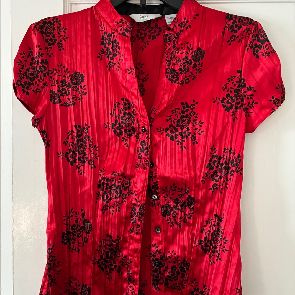 Red Floral Button-Up Blouse